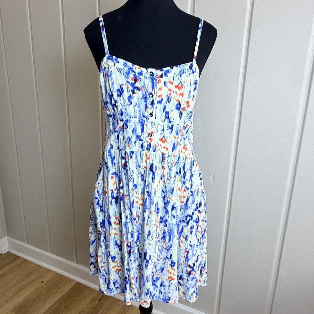 Express Womens Blue Orange Abstract Print Smocked Button Front Sun Dress Medium